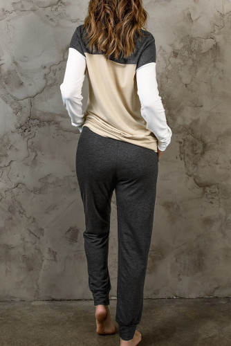 Khaki Color Block Pullover 2pcs Loungewear Set LC15248-16