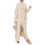 Apricot Open Front Cable Knit Pocket Long Cardigan TQK280223-18