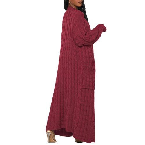 Burgundy Open Front Cable Knit Pocket Long Cardigan TQK280223-23