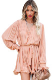 Pink Pleated Ruffled Tie Waist Buttons V Neck Romper  LC643761-10