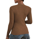 Coffee Ribbed Knit Long Sleeve Tops TQV220167-15