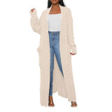 Apricot Open Front Cable Knit Pocket Long Cardigan TQK280223-18