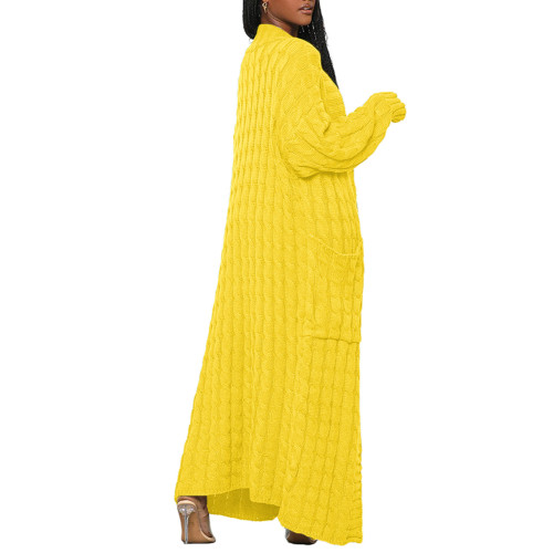 Yellow Open Front Cable Knit Pocket Long Cardigan TQK280223-7