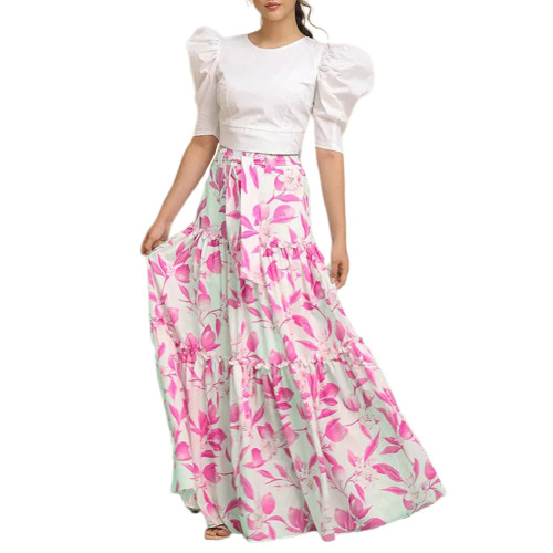 Pink Floral Print Chiffon Maxi Skirt TQV360071-10