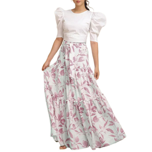 Dusty Pink Floral Print Chiffon Maxi Skirt TQV360071-71