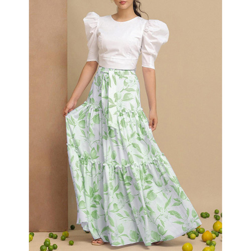 Green Floral Print Chiffon Maxi Skirt TQV360071-9