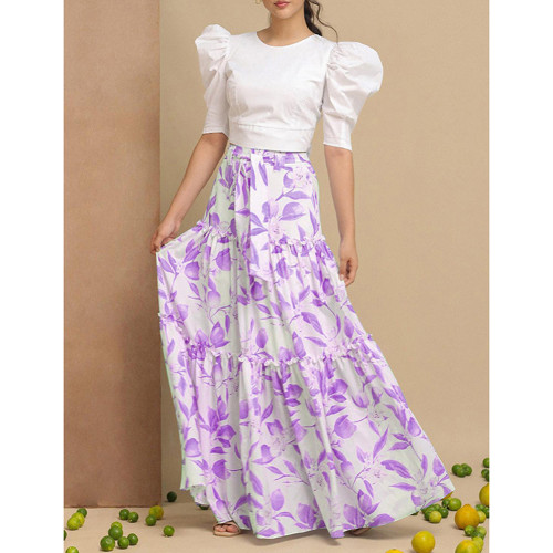 Purple Floral Print Chiffon Maxi Skirt TQV360071-8