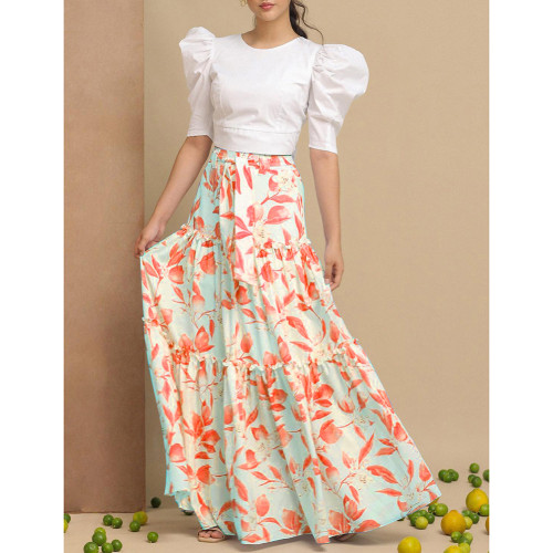 Orange Floral Print Chiffon Maxi Skirt TQV360071-55