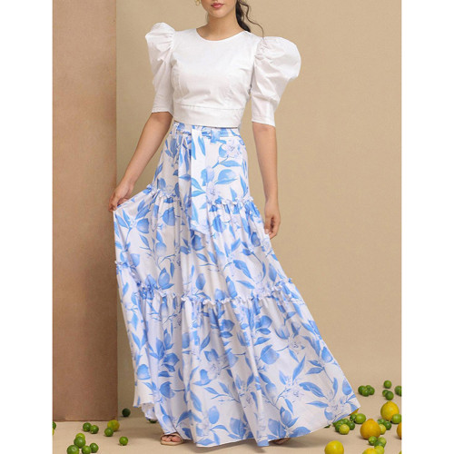 Blue Floral Print Chiffon Maxi Skirt TQV360071-5