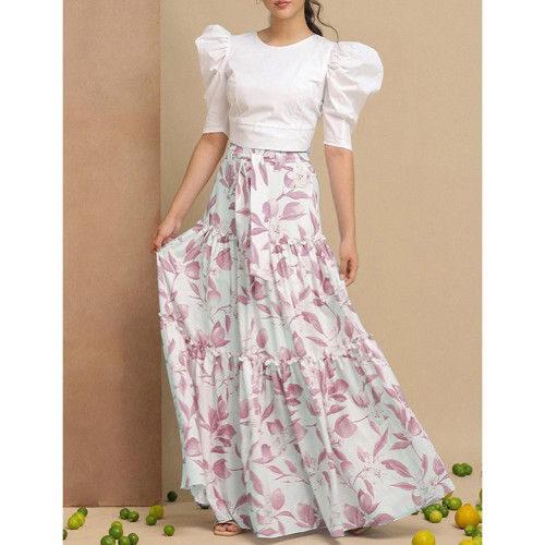 Dusty Pink Floral Print Chiffon Maxi Skirt TQV360071-71