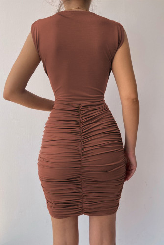 Brown Pleated Sleeveless Bodycon Dress LC2211394-17