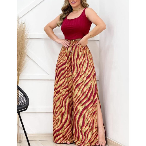 Red Digital Print Lightweight Casual Pants with Slit TQV510085-3