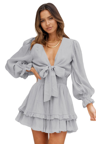 Gray Deep V Neck Lantern Sleeve Knotted Tiered Mini Dress LC227391-11