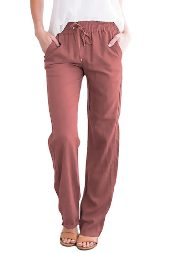 Pink Drawstring Elastic Waist Pockets Long Straight Legs Pants LC771277-10