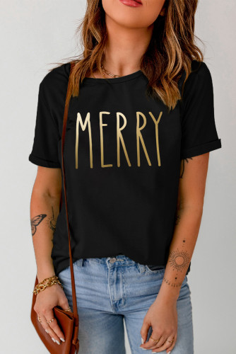 Black MERRY Letters Graphic Tee LC25219151-2