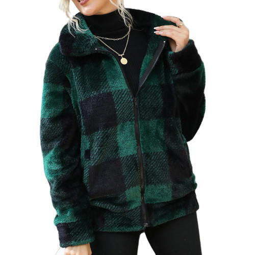 Green Stand Collar Plaid Zipper Reversible Plush Coat TQK280226-9