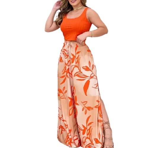 Orange Red Digital Print Lightweight Casual Pants with Slit TQV510085-55