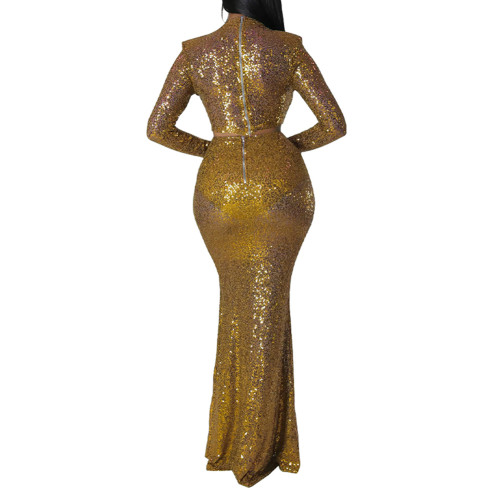 Gold Sequined Crop Top with Fishtail Skirt Set TQV810034-12