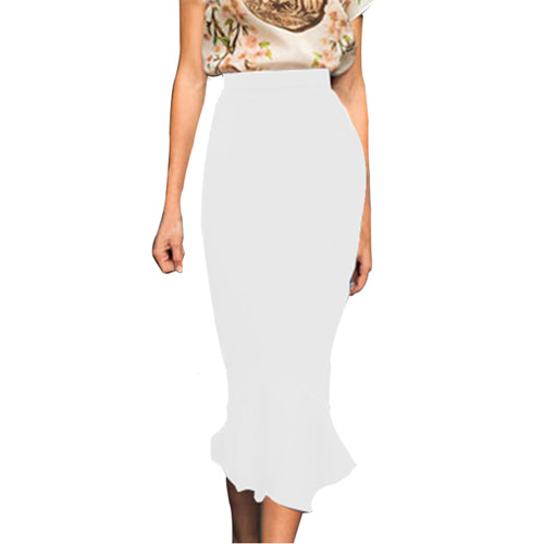 White Ruffled Hem Mermaid Skirt TQV360074-1