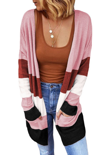 Pink Open Front Colorblock Cardigan with Pockets LC254041-10