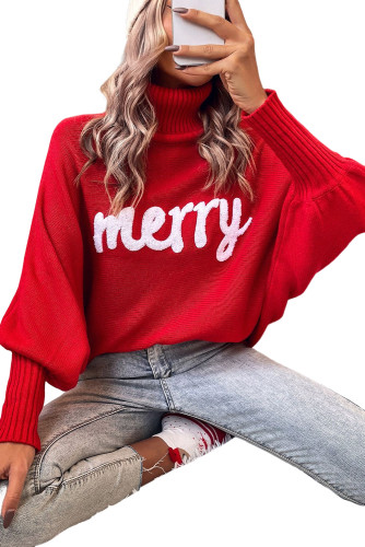 Red Merry Letter Embroidered High Neck Sweater LC2722817-3