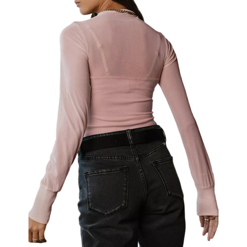 Pink Rib Splicing Slim Fit Long Sleeve Tops TQV220172-10