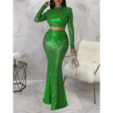 Green Sequined Crop Top with Fishtail Skirt Set TQV810034-9