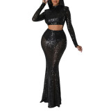 Black Sequined Crop Top with Fishtail Skirt Set TQV810034-2
