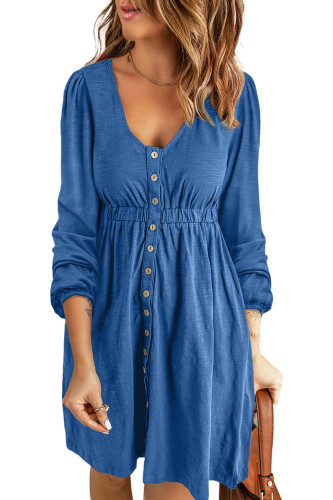 Blue Button Up High Waist Long Sleeve Dress LC6111416-5