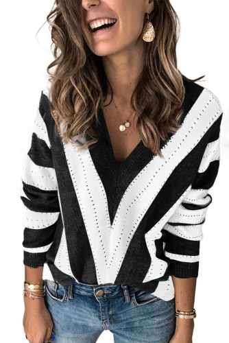 Black Striped Colorblock V Neck Knitted Sweater LC272144-2