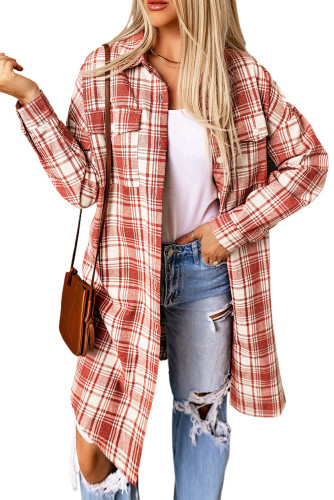 Red Plaid Print Button Long Shacket LC854121-3