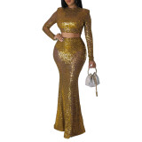 Gold Sequined Crop Top with Fishtail Skirt Set TQV810034-12