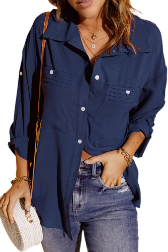 Blue Solid Pocket Long Sleeve Button-up Shirt LC2552140-5