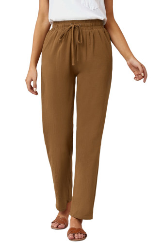 Brown Drawstring Elastic Waist Pockets Long Straight Legs Pants LC771277-17