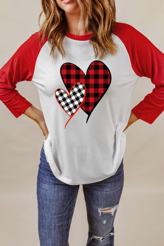 Red Plaid Heart Shape Print Color Block Long Sleeve Top LC25119403-3