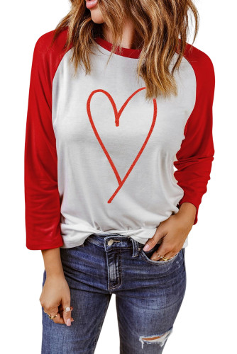 Red Heart Shaped Print Long Sleeve Color Block Top LC25119404-3