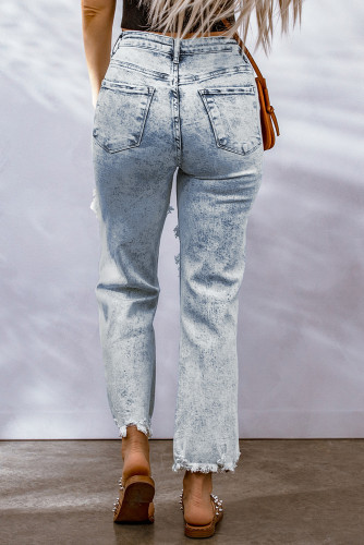Sky Blue Hollow-out Light Washed Ripped Boyfriend Jeans LC7872123-4