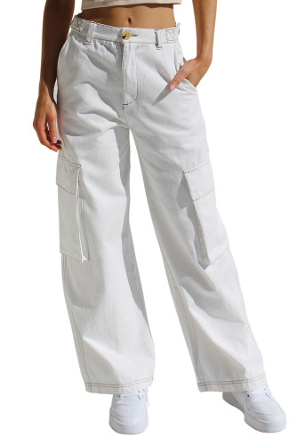 White Wide Leg Flap Pocket Cargo Pants LC7711509-1