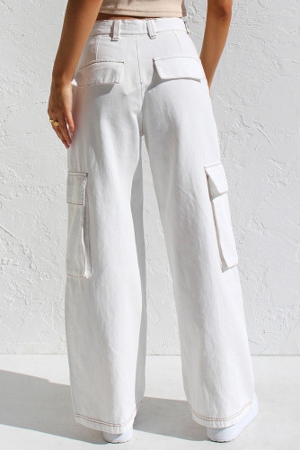 White Wide Leg Flap Pocket Cargo Pants LC7711509-1