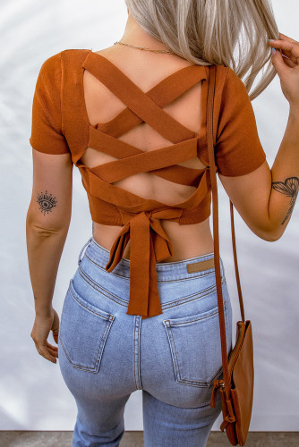 Orange Criss Cross Lace-up Ribbed Square Neck Crop Top LC25118273-14
