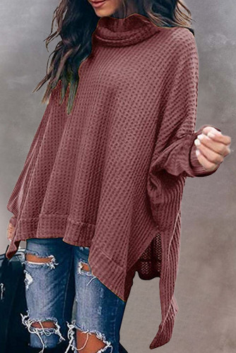Red Turtleneck Waffle Knit Poncho Blouse LC25118631-3