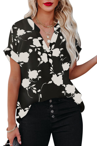 Black Floral Printed Short Sleeve Blouse LC2552449-2