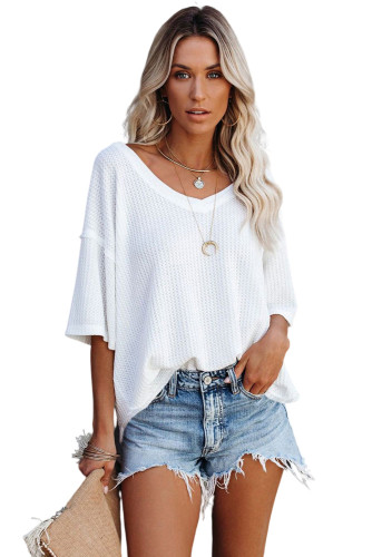 White Waffle Knit Drop Shoulder Loose Top LC25219052-1