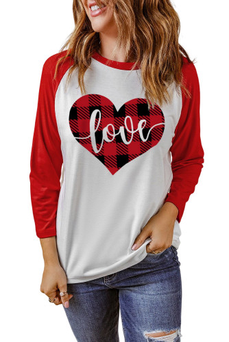 Red Love Plaid Heart Graphic Raglan Sleeve Top LC25119422-3
