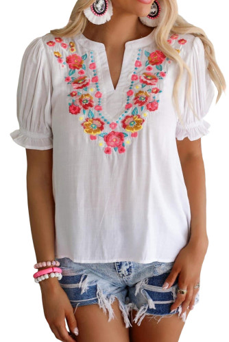 White Floral Embroidered Ruffled Puff Sleeve Blouse LC25118381-1