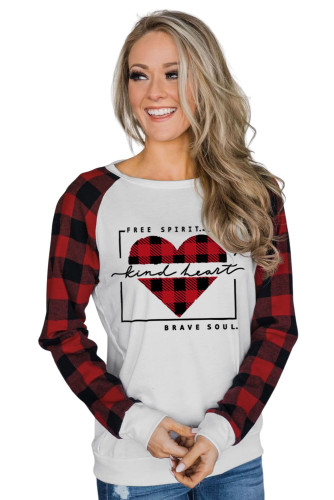 White Plaid Heart Shaped Letter Color Block Long Sleeve Top LC25314060-1