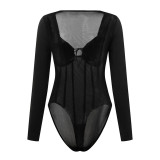 Black Front Lace-up Long Sleeve Bodysuit TQX551127-2