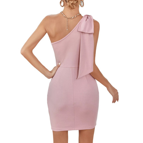 Pink Lace-up One Shoulder Sleeveless Bodycon Dress TQK311384-10