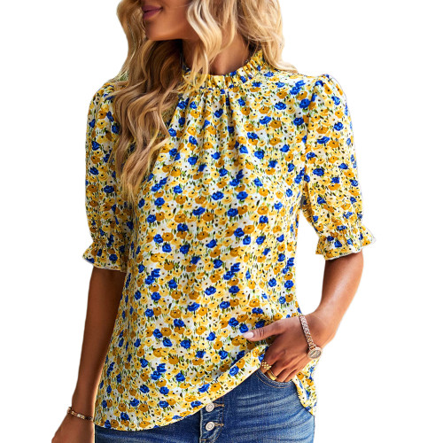 Yellow Ruffle Detail Floral Print 1/2 Sleeve Tops TQX210187-7