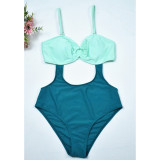 Peacock Blue Colorblock Hollow-out One Piece Swimsuit TQX620011-68